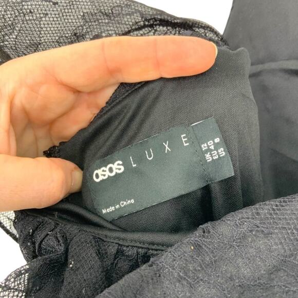 ASOS LUXE Halter Neck Wire Lace Organza Mini Dress Black Sequin Size 8 NWOT $135 - Picture 4 of 9